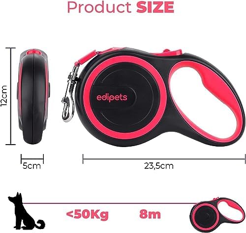 Retractable Extendable Dog Leash, 3, 5 and 8 Metres, Flexible Tape for Training and Walking, with Lock and Brake, Design and Comfortable Grip (5 Metres Over 20 kg, Pink)