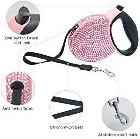 Pink Rhinestone Bling Retractable Dog Leash for Small Dogs, Pet Cat Leash