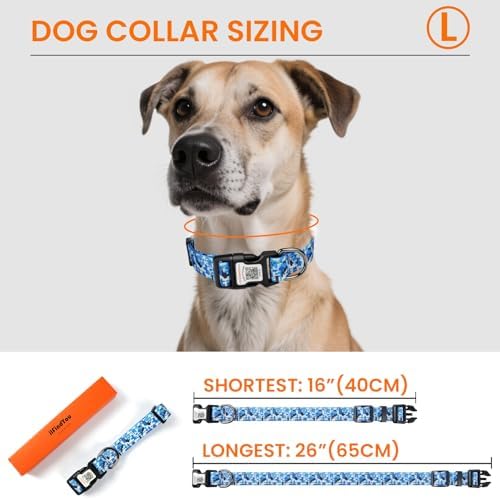 Personalized Dog Collar with QR Code Dog Tag, Camo Blue L