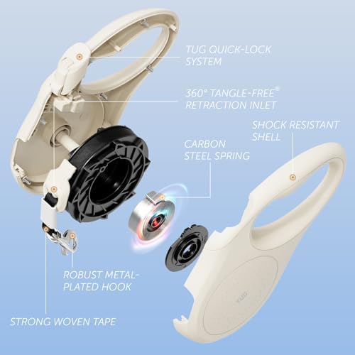 TUG Quest Retractable Dog Leash | 360° Tangle-Free | 16 ft Tape (S, Cream)