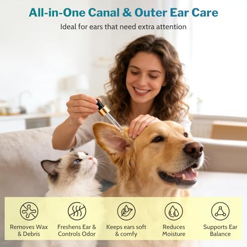 Dog Ear Cleaner with 50 Ear Finger Wipes for Dogs & Cats – Gentle Herbal Ear Drops for Wax & Odor, Chamomile & Witch Hazel for Sensitive Ears, Daily Ear Care Kit, 2oz