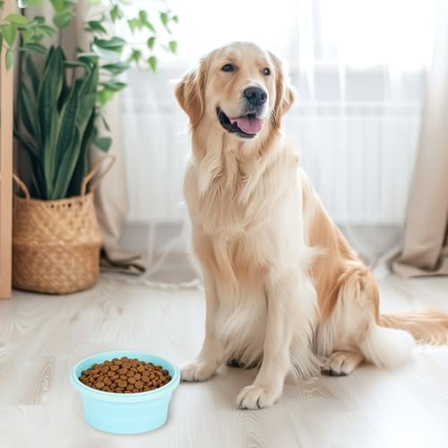 2pcs Collapsible Dog Bowls, Silicone Food & Water Travel Bowl with Lid Portable Expandable Pet Feeding & Drinking Cup/Saucer for Walking, Kennels, and Camping 350ml (Blue)