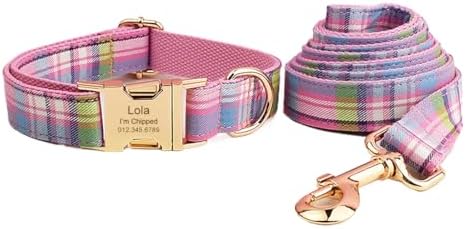 Custom Dog Collar with Names and Phone Number Engraved, Puppy Tags Personalized for Small Medium Large Pets (Colorful Plaid, L)