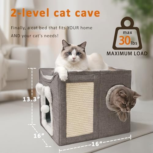 Cat Houses for Indoor Cats, Large Cats Bed Cave, Kitten Cube Box,Cat Condo with Scratching Pad, Hanging Fluffy Ball & Peekaboo Window, Foldable Hideaway Hand-Washable(16x16x13.3 Inches,Grey)