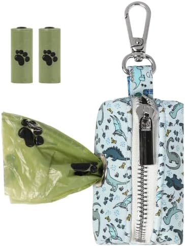 ARING PET Dinosaur Dog Poop Bag Holder, Cotton Puppy Blue Dino Waste Bag Dispenser Attach to Any Leashes, Portable Washable Pet Waste Pouch Holder with Two Rolls of Bags