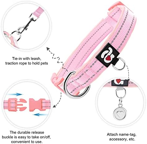 azuza Reflective Dog Collar, Neoprene Padded Small Dog Collar, Pink, S