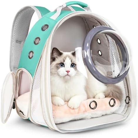 Front Extension Cat Backpack Carrier, Pet Travel Backpack for Kitten and Small Dogs, Clear Bubble Window Space Capsule Astronaut Liked Portable Vet Visit Book Bag Airline Approved