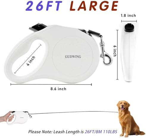26FT Retractable Dog Leash, Heavy Duty Great Leash for Dog up to 110 lbs, 360° Tangle-Free RetractionOne-Handed Brake, Strong Nylon Tape (Large, White)