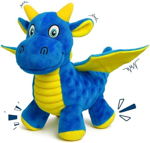Squeaky Dog Toy - Plush Dragon with 5 Squeakers and Crinkle Wings