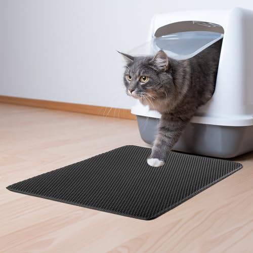 Cat Litter Mat - 24x15 Waterproof Litter Box Mat with Dual-Layer Honeycomb Design for Trapping Litter - Slip-Resistant Cat Mat by PETMAKER (Black) (Pack of 2)