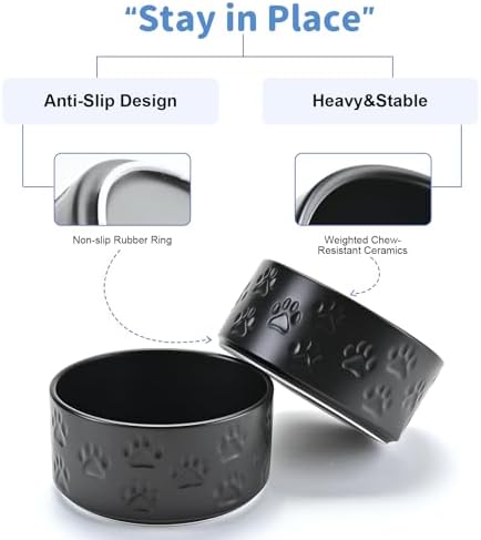 SPUNKYJUNKY Ceramic Dog and Cat Bowls 2 Pack, 5.1'' Dog and Cat Food Water Double Feeding Bowls Non-Slip for Cats and Puppy Small Sized Breed Dogs Microwave Dishwasher Safe - 13.5 OZ, 2pcs, Paw Black