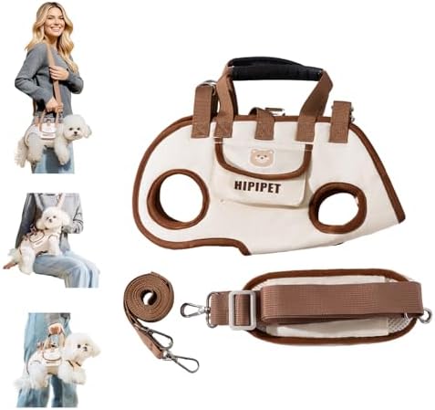 PETCUTE 4-in-1 Dog Carrier Sling,Adjustable Puppy Carriers with Storage Pocket, Hand-Free Dog Sling Carrier for Carry Small Dogs and Cats,Legs Out Pet Travel Safety Harness,Beige+Brown,M