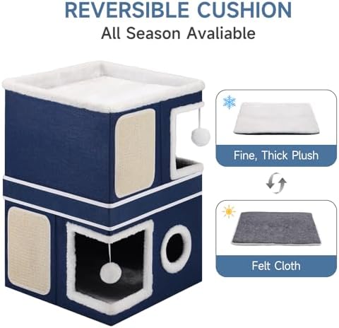 Shikha 2 Story Cat House beds for Indoor Cats with Scratch Pads Blue
