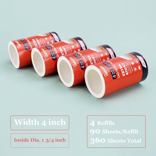 4 inch Lint Roller Refills Only for Scotch Brite, Everyday Clean Lint Roller Refills 4 Pack, Pet Hair Pickup Extra Sticky 90 Sheets per Refill, 360 Adhesive Sheets Total (1 3/4 inch Inside Diameter)