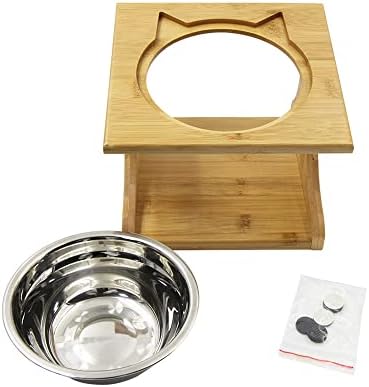 Cat Bowls Pet Dining Table with Raised Slope Wooden Stand Elevated Pet Bowls with Oblique Stand for More Comfortable Eating for Cats, Dogs, Kitten and Puppy (1 Bowl, Steel)