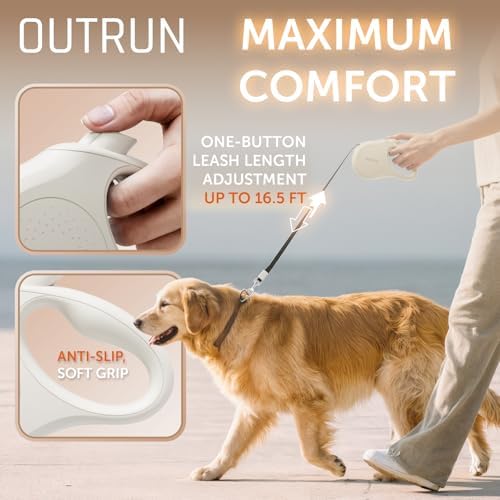 OUTRUN Retractable Dog Leash 16.5 FT Walking Leash up to 55 Lbs, Strong Nylon Tape No Tangle, Heavy Duty One-Handed Brake Lock Perfect for Small & Medium Sized Dogs and Pets (Cream White)