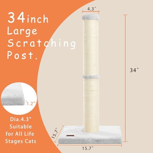 Karolpar 34inch Cat Scratching Post with Natural Sisal Rope 4.3Inch Large Diameter Scratcher Post Tree for Indoor Cats Grey