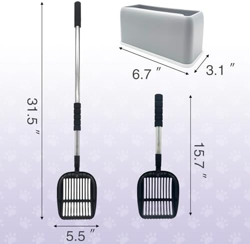 PINVNBY Cat Litter Scooper, Long Handle Litter Sifter Scoop with Litter Scoop Holder Stainless Steel Kitten Scooper Deep Kitty Litter Scooper with Box Metal Detachable Sifting Litter Shovel Set