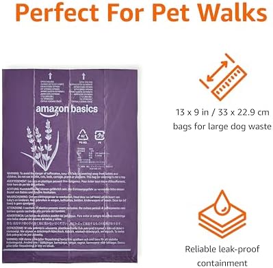 Amazon Basics Dog Waste Bags, Leakproof, Lavender Scented, 13 x 9 Inch, 120 Count (8 Rolls of 15)