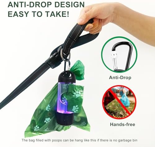 Tubasion 3-in-1 Dog Poop Bag Holder with Flashlight 7-Color, USB-C Rechargeable doggie bag holder for leash, IPX6 Waterproof Anti-Slip Clip Pet Waste Bag Dispenser for Walking (1 Dispenser, 30 Bags)