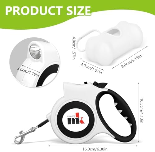 Retractable Dog Leash with LED Light Makife 5m Extendable Dog Lead for Small Medium Puppis up to 25kgs, One-Hand Brake & Lock System, Ergonomic Handle (White)