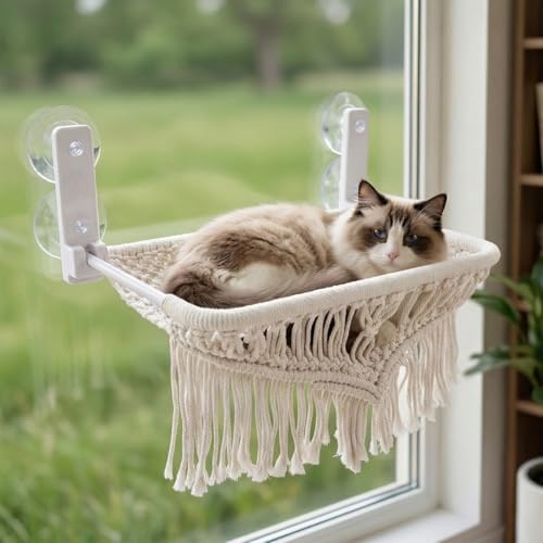 Cat Hammock & Window Perch w/ 4 Suction Cups, Foldable Adjustable Boho Cotton Rope Pet Hammock Bed & Cat Shelves for Indoor Cats/Small Animals - All-Season Sleeping, Lounging, Climbing