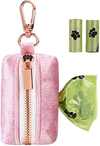 ARING PET Velvet Dog Waste Bag Dispenser, Pink Doggy Poop Bags Holders Attach to Any Leashes, Portable Washable Pet Waste Pouch Dispenser with Metal Zipper