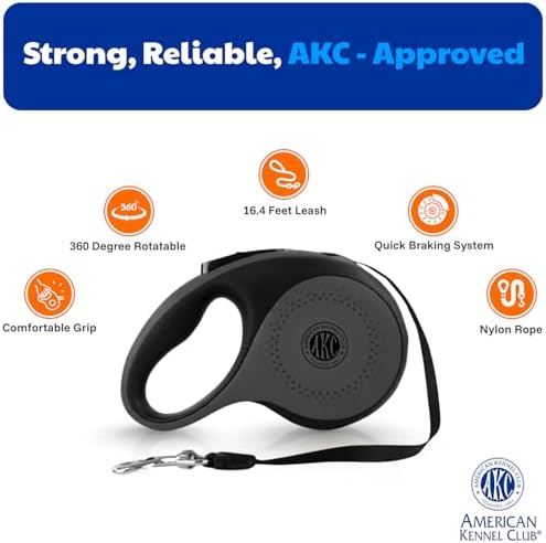 American Kennel Club Retractable Dog Leash, 16.4ft, Tangle-Free, Ergonomic Grip, One-Hand Brake, for Medium & Large Dogs up to 110 lbs