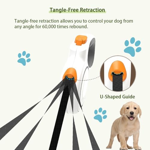 Upgraded 360° Tangle-Free Retractable Dog Leash with Anti-Slip Handle, 16Ft Strong Pulling Force Nylon Tape, One-Handed Brake, Lock, Smooth Retract, Medium, White