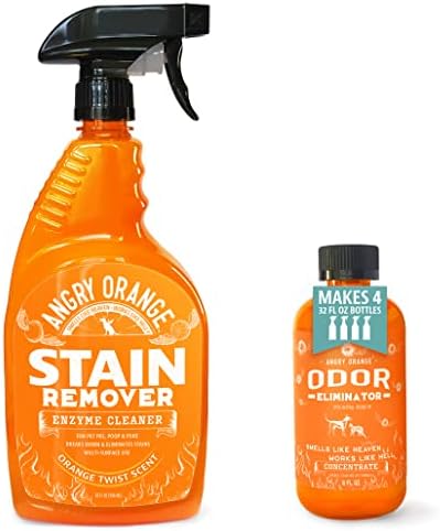 ANGRY ORANGE Pet Stain and Odor Remover - 2 Spray Pack - 32 oz Dog, Ferret, Rabbit & Cat Urine Enzyme Cleaner - 8 oz Strong Pet Odor Eliminator Concentrate - For Pee on Carpet, Furniture, Tile, Wood