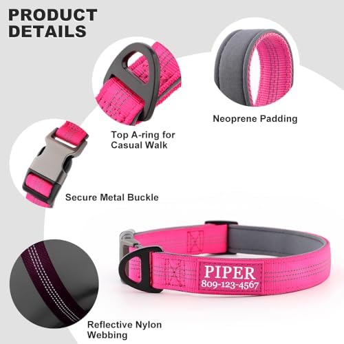 Personalized Dog Collars with Name and Phone Number, Durable Metal Buckle, Soft Neoprene Padded Reflective Nylon Collar for Large Medium and Small Dogs (Classic Version)