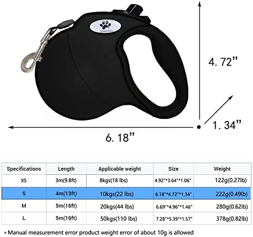13 ft Retractable Dog Leash for Large Dogs up to 26 lbs,Tangle-Free Nylon Tape,Black S