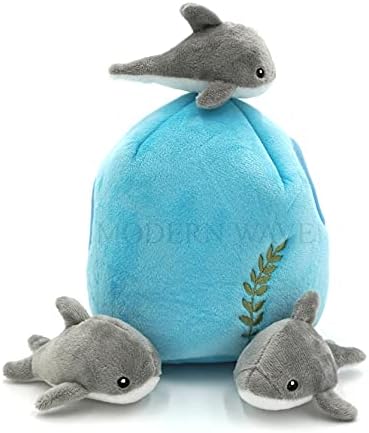 MODERN WAVE - Interactive Squeaky Plush Hide and Seek Squirrel Type Puzzle Toy for Dogs, Medium Size (Ocean and Dolphins)
