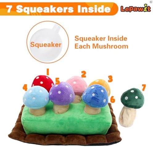 Hide and Seek Dog Toys, Squeaky Interactive Puzzle Dog Toys for Boredom and Stimulation, Dog Enrichment Toys for Small and Medium Dogs (Mushrooms, Pack of 7)