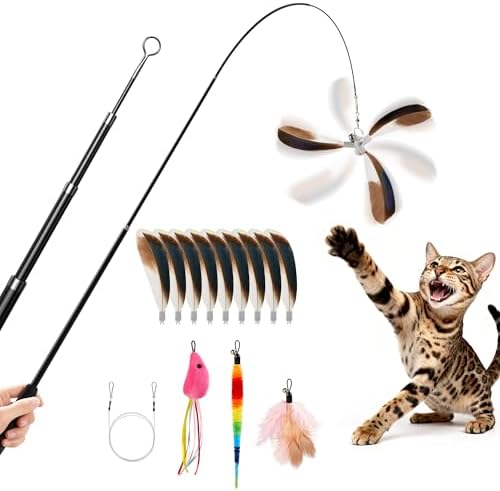 Potaroma Cat Wand Toy, Retractable Carbon Fiber Feather Teaser with Bells