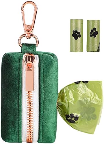 ARING PET Dog Poop Bag Holder, Velvet Doggy Waste Bag Dispenser Attach to Any Leashes, Dark Green Portable Washable Pet Waste Pouch Dispenser with Metal Zipper