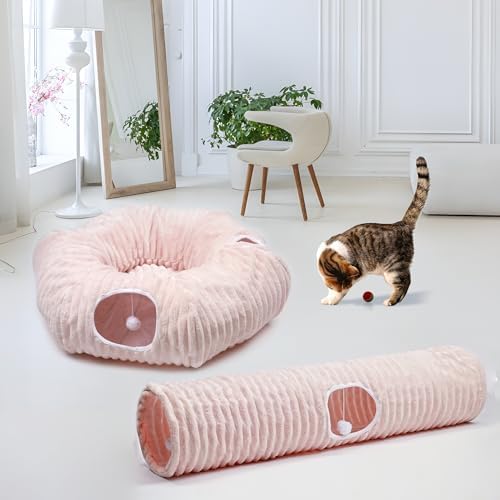 FORMYCATIE Luxurious Cat Tunnel,43" Straight Cat Tunnel Toys with Balls for Indoor,Collapsible Peekaboo Cave for Kitten（Pink Stripe）
