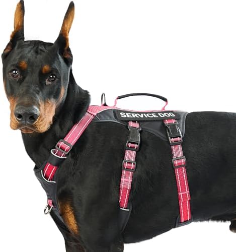 Huntboo Service Dog Vest Harness, Escape Proof Harness with 6 Patches, No-Pull, Reflective Harness with Handle, Adjustable for Small to Large Dogs, for Training and Hiking (Red, L)