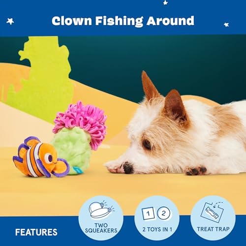 BarkBox Clown Fishing Around Plush Toy for Small Dogs – 2-Part Squeaky Toy with Treat-Hiding Fun – Perfect for Interactive Play and Mental Stimulation