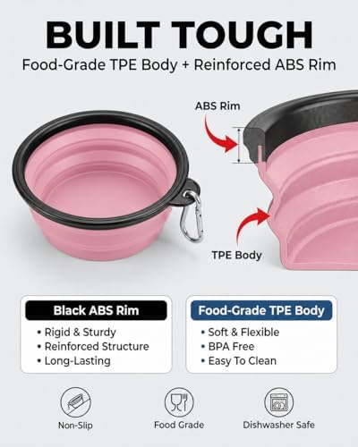 Collapsible Dog Bowls for Travel, 2-Pack Dog Portable Water Bowl for Dogs Cats Pet Foldable Feeding Watering Dish for Traveling Camping with Carabiners, BPA Free (Purple&Pink, Large)