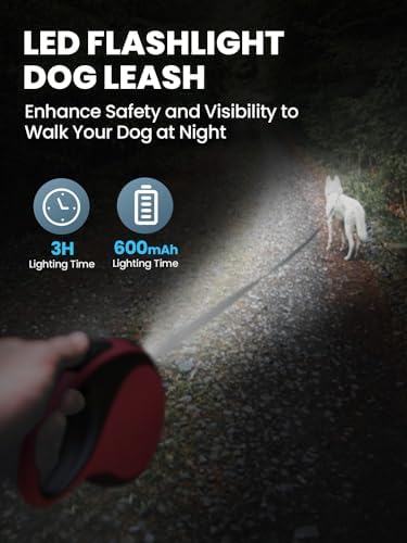 Retractable Dog Leash with Led Light, Douexio 16ft Heavy Duty Dog Leash Retractable for Medium Large Dogs Up to 110lbs,360° Tangle-Free, One-Button Control, High Strength Hook (Red, 66-110lbs)