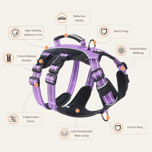 Huntboo Service Dog Vest Harness, Escape Proof Harness with 6 Patches, No-Pull, Reflective Harness with Handle, Adjustable for Small to Large Dogs, for Training and Hiking (Lavender Purple, XS)