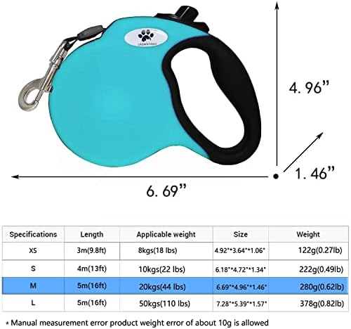 16 ft Retractable Dog Leash for Large Dogs up to 44 lbs,Tangle-Free Nylon Tape,Blue Dan M