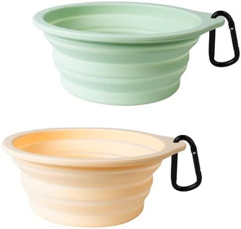 PetBonus 2-Pack Large Silicone Collapsible Dog Bowls, 34oz/1000ml BPA Free Portable Foldable Travel Bowl for Pet Cat, Food Water Feeding Dish for Camping with 2 Carabiners (Light Mint, Beige Cream)