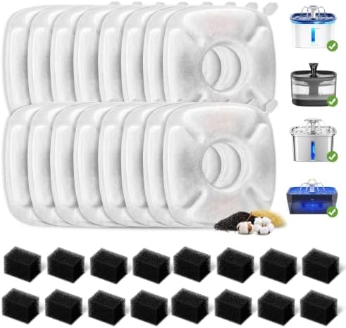 32 Pcs Cat Water Fountain Replacement Filters- 16 Pack Cat Fountain Filters with 16 Pack Pre-Filter Sponges, Pet Fountain Filter Fit for 95oz/2.8L Automatic Pet Fountain Cat Water Fountain