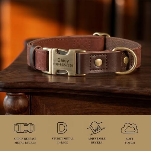 Personalized PU Leather Dog Collars,Quick Release Buckle,Brown,XL
