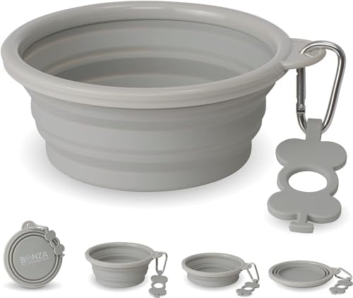 Bonza Collapsible Dog Bowls - 2 Pack, Small 12 oz, Dog Travel Accessories, Silicone Portable Dogs Bowl & Water Dish with Reinforced Rim & Carabiner for Hiking, Camping, and Car Trips, Light Gray