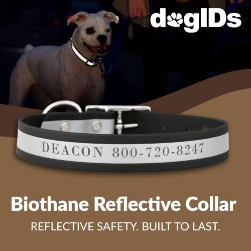 dogIDs Personalized Reflective Waterproof Dog Collar - Custom, Durable, Adjustable, Odor Resistant, Safe, Engraved - Black, 1 in x 14 in (Fits Neck Sizes: 12-16 in)