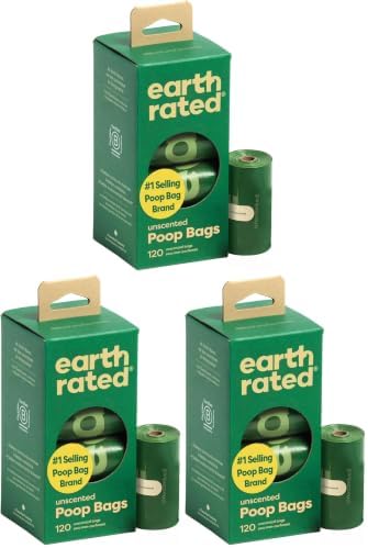 Earth Rated Poop Bags for Dogs Guaranteed Leak Proof and Extra Thick Waste Bag Refill Rolls, Unscented, 120 Bags (Pack of 3)