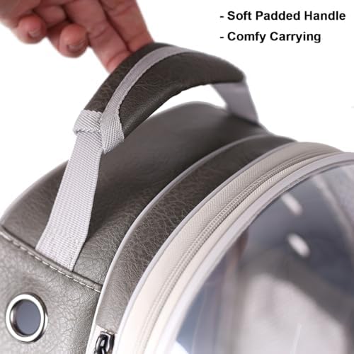 Expandable Carrier Backpack for Kitten Bunny and Small Puppy, Vented Transparent Space Capsule Astronaut Cat Bubble Window, PU Leather Grey Vet Carry Bag